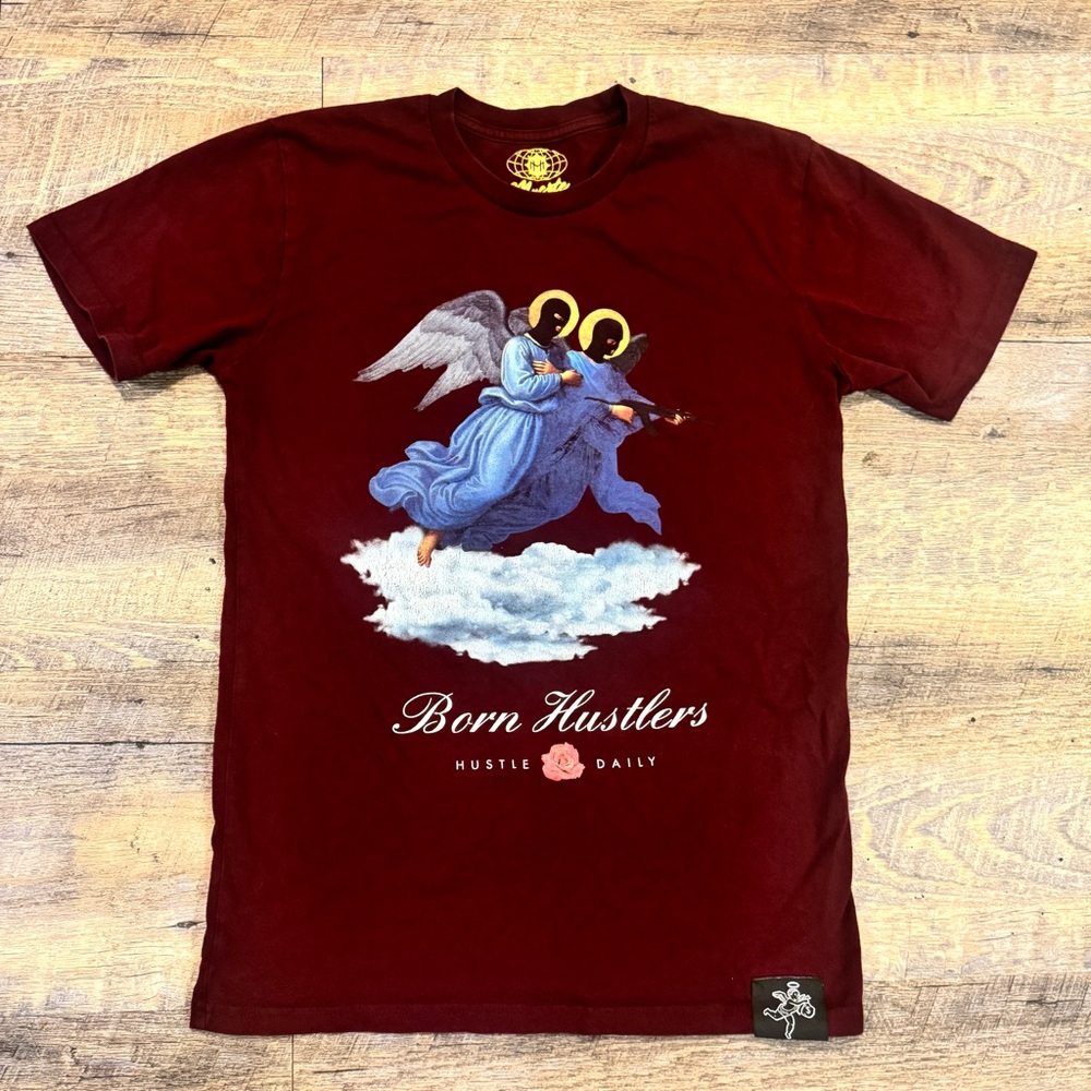 Hasta Muerte Hustle Daily Born Hustlers Graphic T-Shirt Angels Burgundy Size S